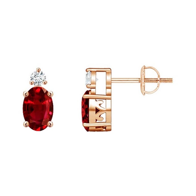 ANGARA Natural Oval 1.20ct Ruby Stud Earrings with Diamond in 14K Rose Gold en vente