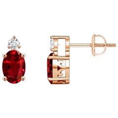 ANGARA Natural Oval 1.20ct Ruby Stud Earrings with Diamond in 14K Rose Gold