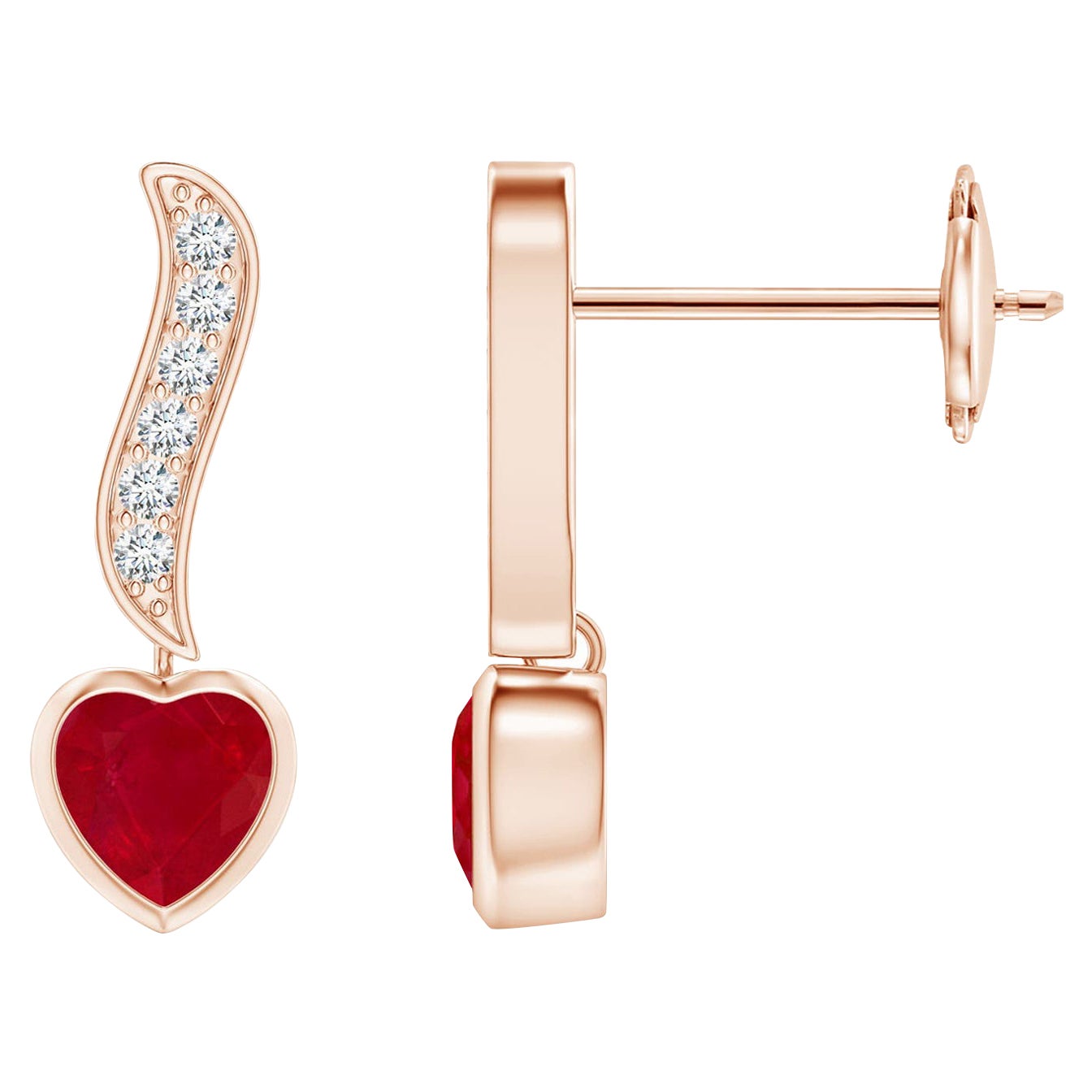 Natural Heart-Shaped 0.60ct Ruby and Diamond Drop Earrings in 14K Rose Gold