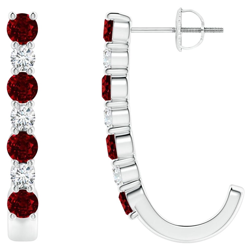 ANGARA Natural 1.20ct Ruby and Diamond J-Hoop Earrings in Platinum
