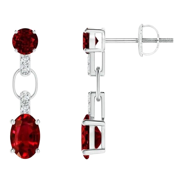 Natural and Oval 1.20ct Ruby Dangle Earrings with Diamond in 14KWhite Gold