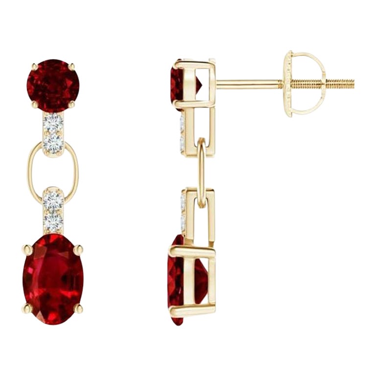 Natural and Oval 1.20ct Ruby Dangle Earrings with Diamond in 14KYellow Gold