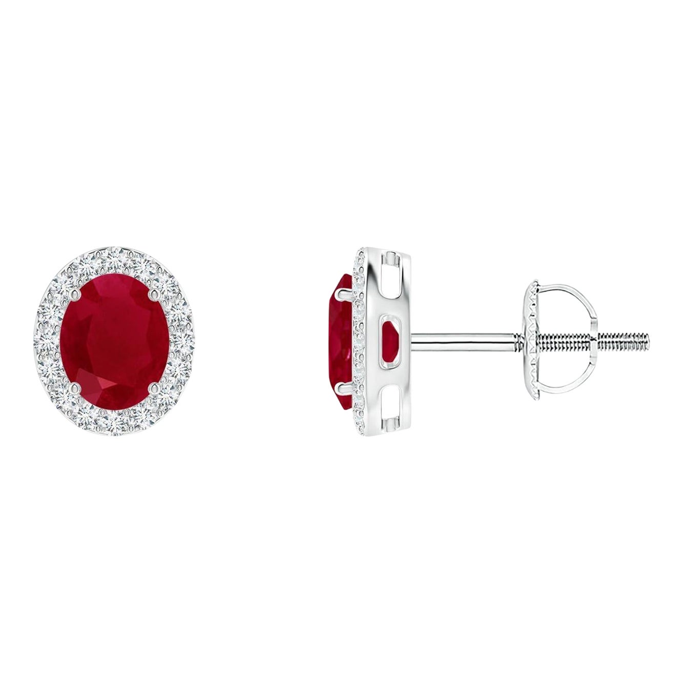 ANGARA Natural Oval 0.80ct Ruby Studs with Diamond Halo in Platinum For Sale