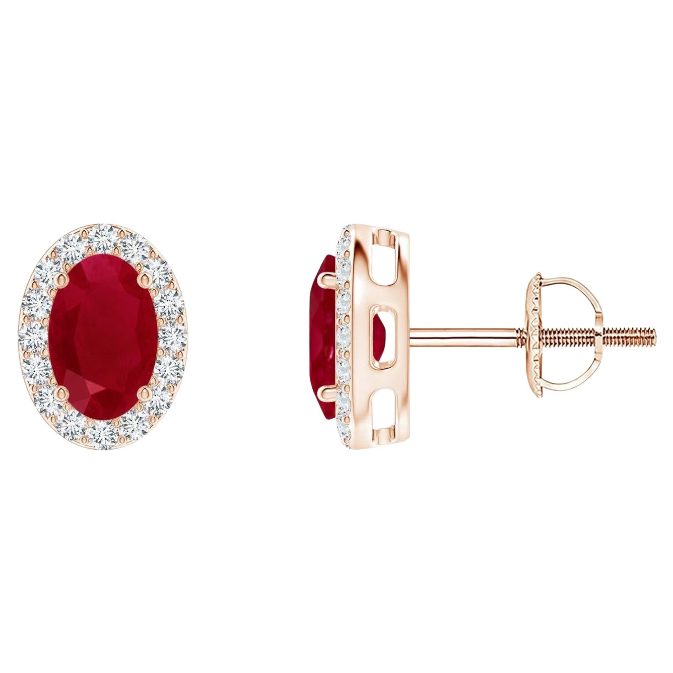 ANGARA Natural Oval 1.20ct Ruby Studs with Diamond Halo in 14K Rose Gold