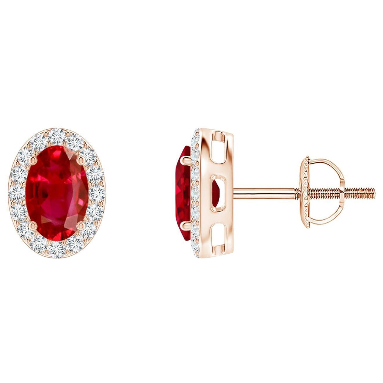 ANGARA Natural Oval 1.20ct Ruby Studs with Diamond Halo in 14K Rose Gold