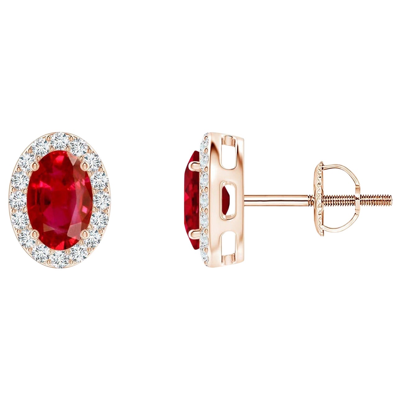 ANGARA Natural Oval 1.20ct Ruby Studs with Diamond Halo in 14K Rose Gold For Sale
