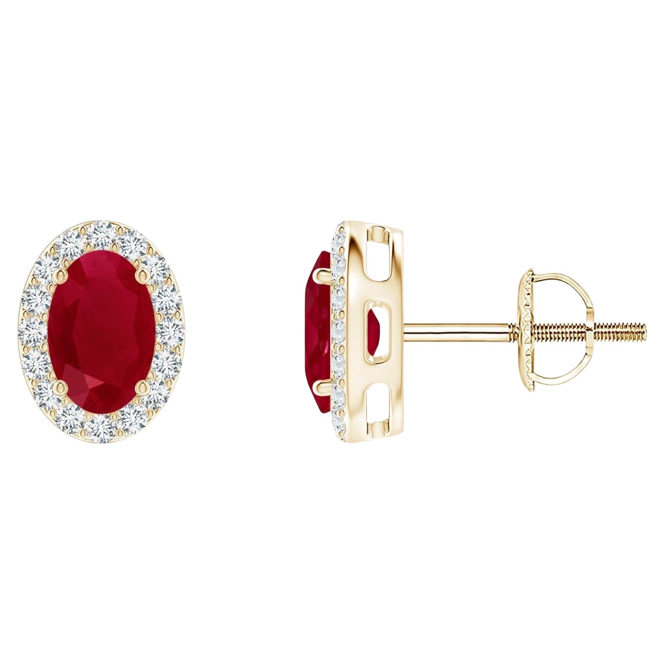 ANGARA Natural Oval 1.20ct Ruby Studs with Diamond Halo in 14K Yellow Gold