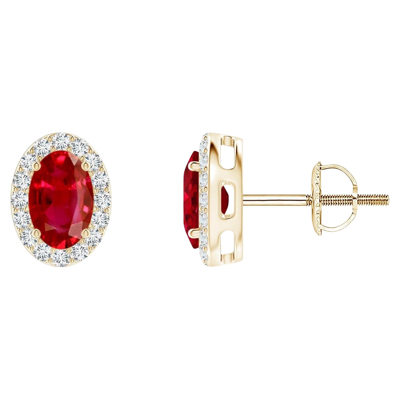 ANGARA Natural Oval 1.20ct Ruby Studs with Diamond Halo in 14K Yellow Gold