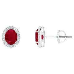 ANGARA Natural Oval 0.80ct Ruby Studs with Diamond Halo in 14K White Gold