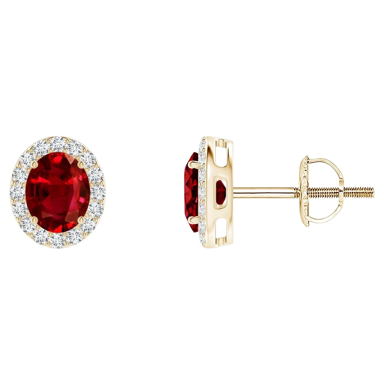 ANGARA Natural Oval 0.80ct Ruby Studs with Diamond Halo in 14K Yellow Gold