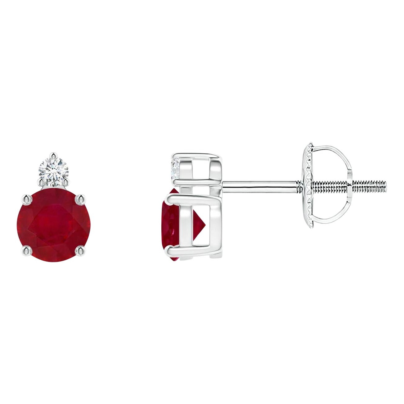 ANGARA Natural Round 0.48ct Ruby Stud Earrings with Diamond in Platinum For Sale