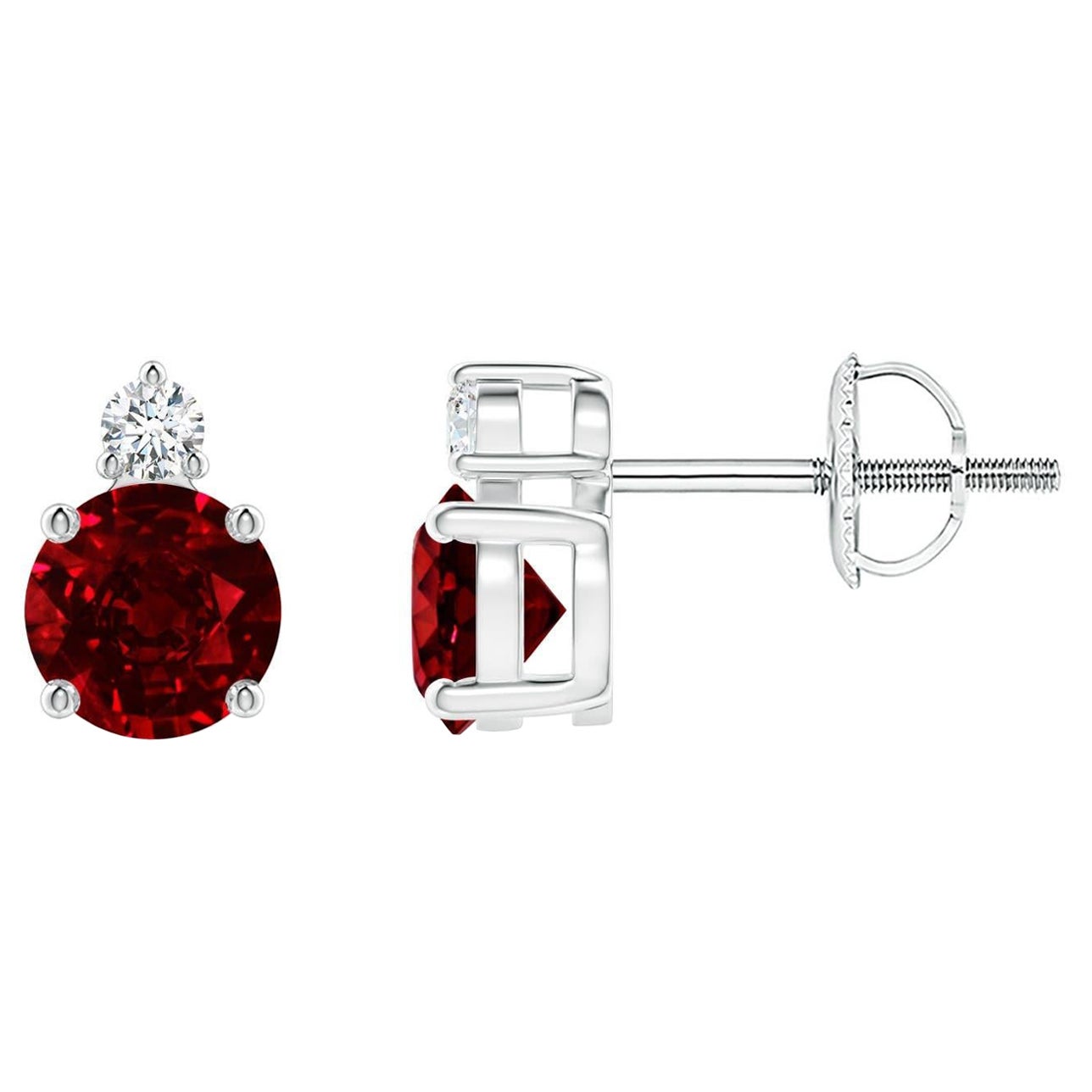 ANGARA Natural Round 1.20ct Ruby Stud Earrings with Diamond in Platinum For Sale