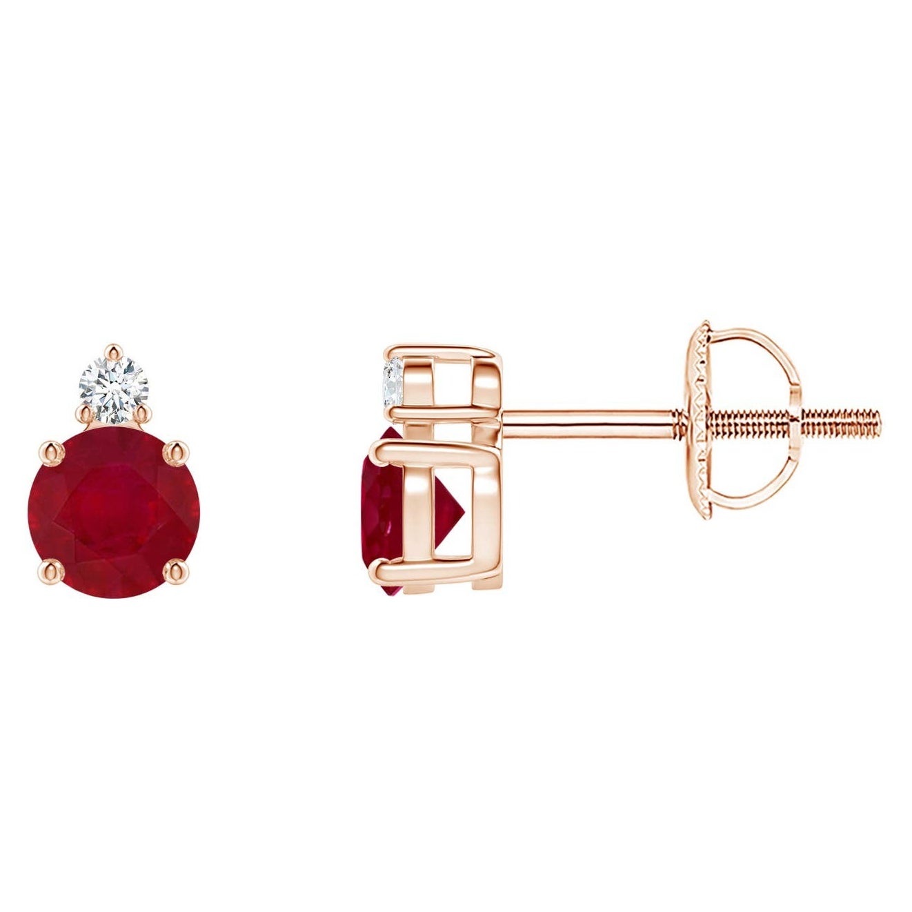 ANGARA Natural Round 0.68ct Ruby Stud Earrings with Diamond in 14K Rose Gold