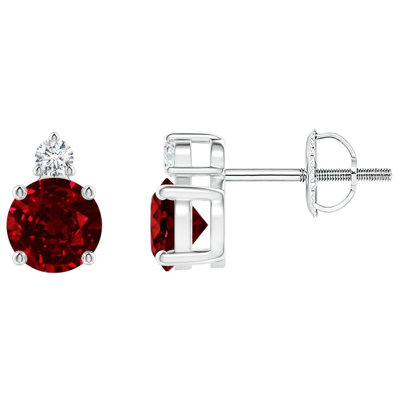ANGARA Natural Round 1.20ct Ruby Stud Earrings with Diamond in 14K White Gold For Sale