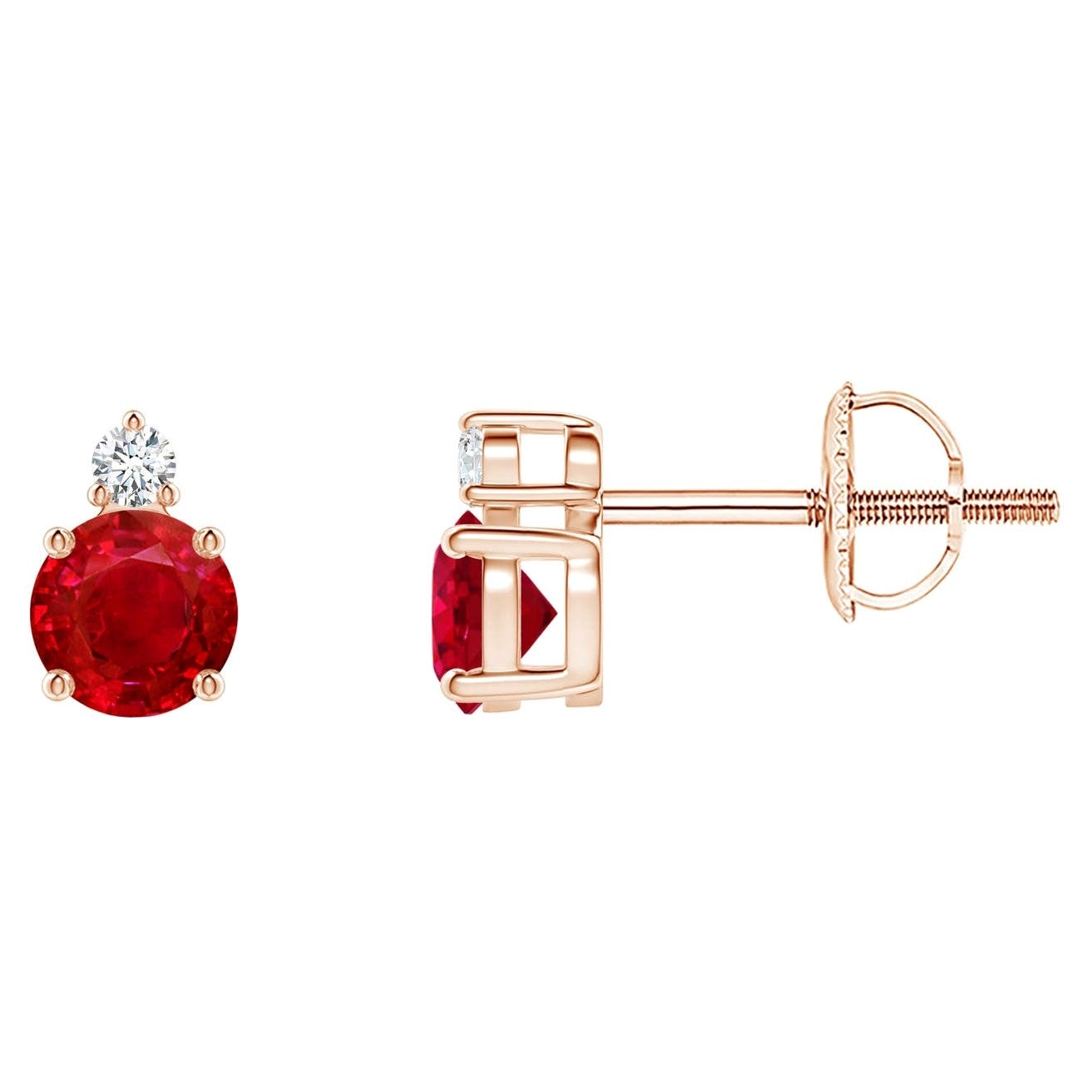 ANGARA Natural Round 0.68ct Ruby Stud Earrings with Diamond in 14K Rose Gold