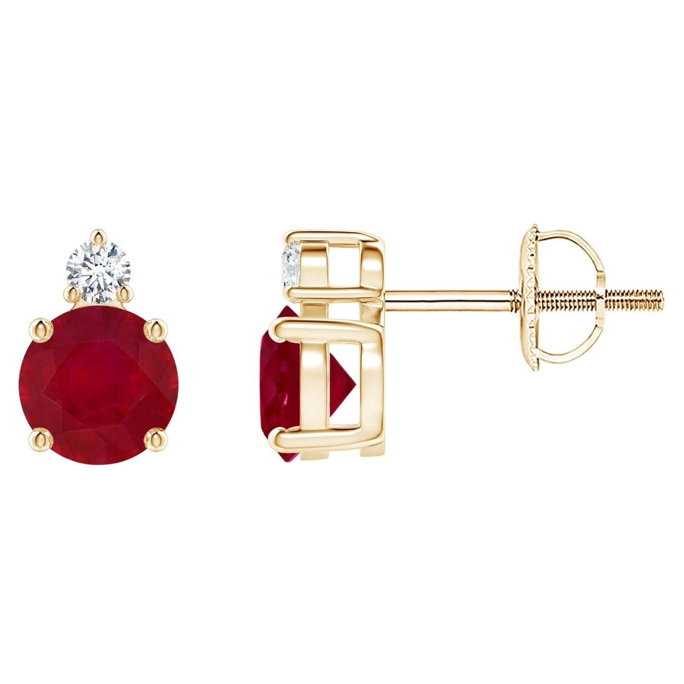 ANGARA Natural Round 1.20ct Ruby Stud Earrings with Diamond in 14K Yellow Gold
