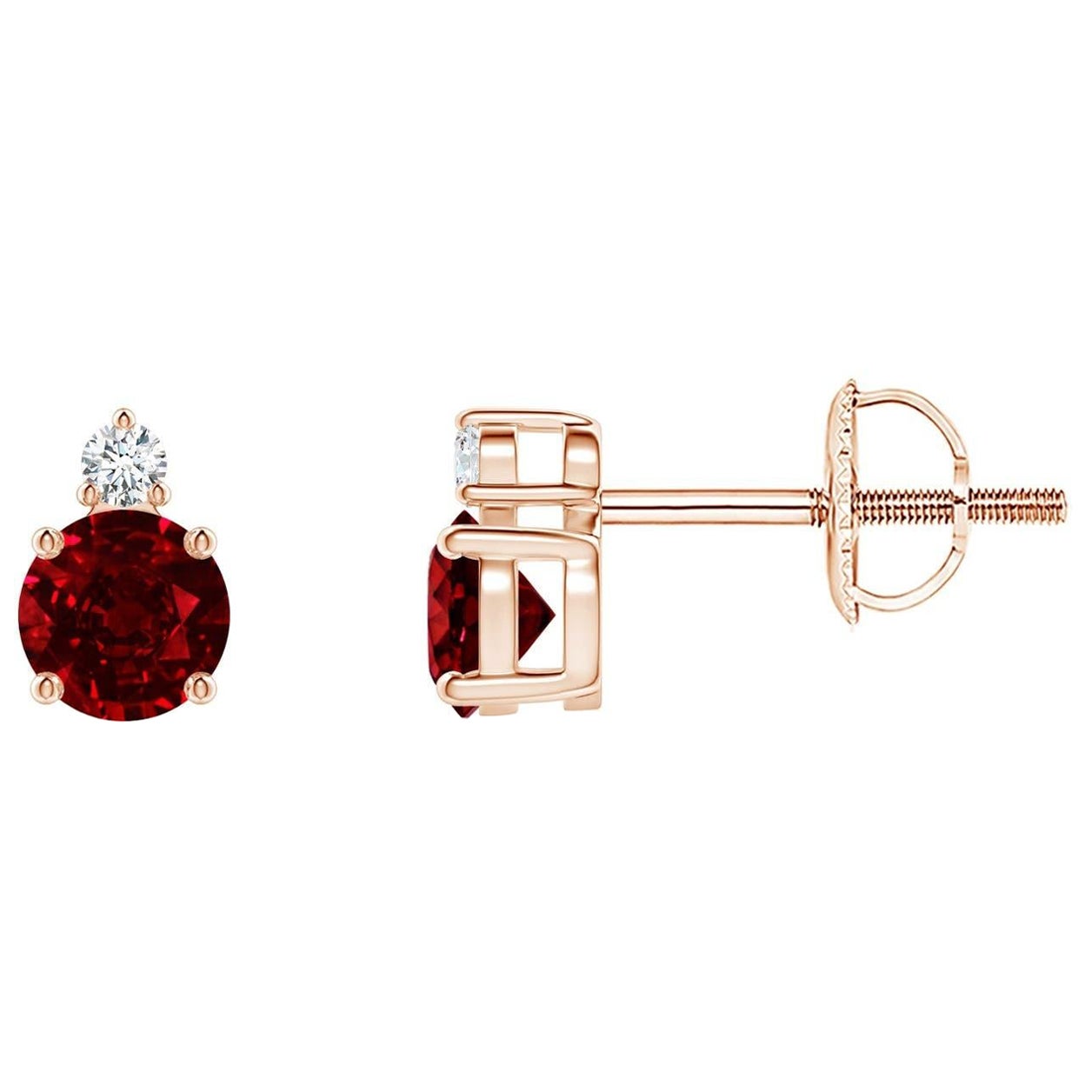 ANGARA Natural Round 0.68ct Ruby Stud Earrings with Diamond in 14K Rose Gold For Sale