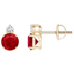 ANGARA Natural Round 1.20ct Ruby Stud Earrings with Diamond in 14K Yellow Gold