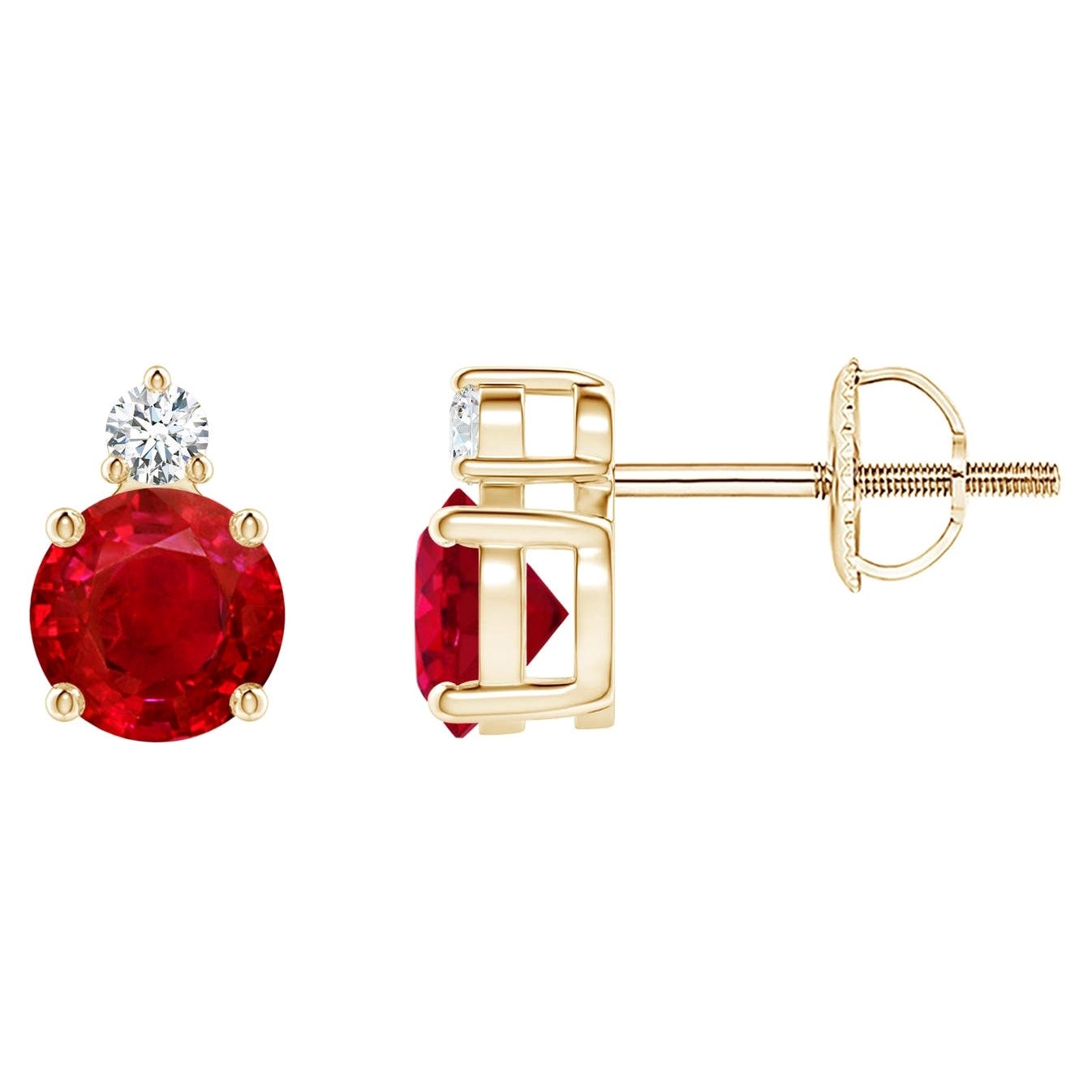 ANGARA Natural Round 1.20ct Ruby Stud Earrings with Diamond in 14K Yellow Gold