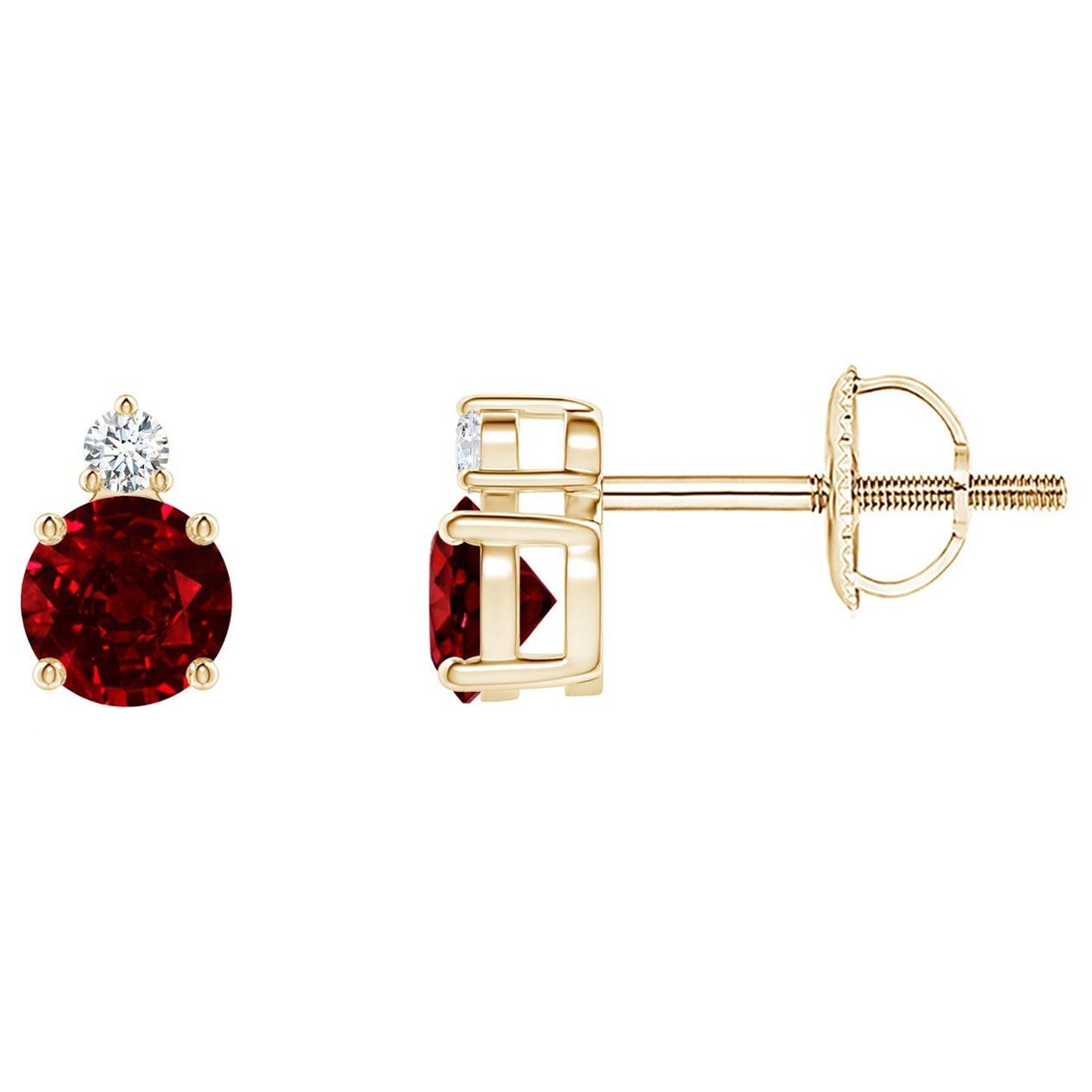 ANGARA Natural Round 0.68ct Ruby Stud Earrings with Diamond in 14K Yellow Gold For Sale