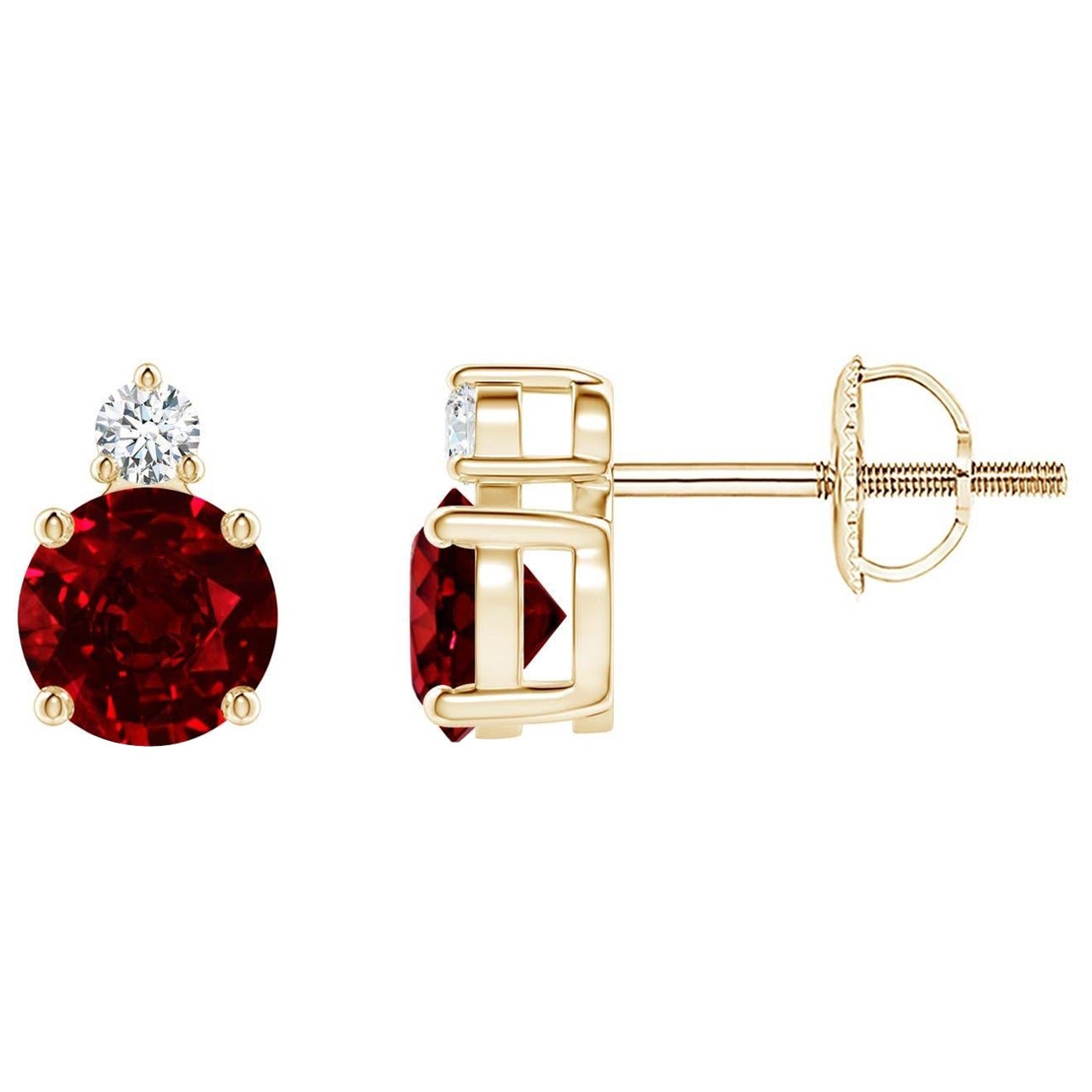 ANGARA Natural Round 1.20ct Ruby Stud Earrings with Diamond in 14K Yellow Gold For Sale
