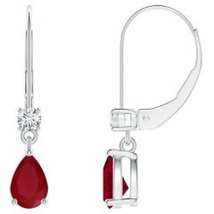 Natural Pear Ruby Drop Earrings with Diamond in Platinum (Size-6x4mm)