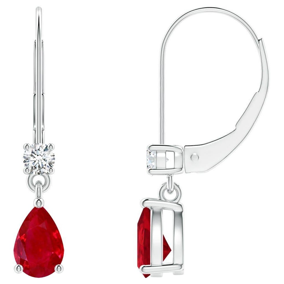 Natural Pear Ruby Drop Earrings with Diamond in Platinum (Size-6x4mm) For Sale