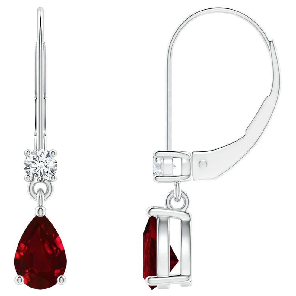 Natural Pear Ruby Drop Earrings with Diamond in Platinum (Size-6x4mm) For Sale