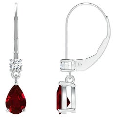 Boucles d'oreilles pendantes en platine avec rubis poire naturel et diamants, taille 6 x 4 mm