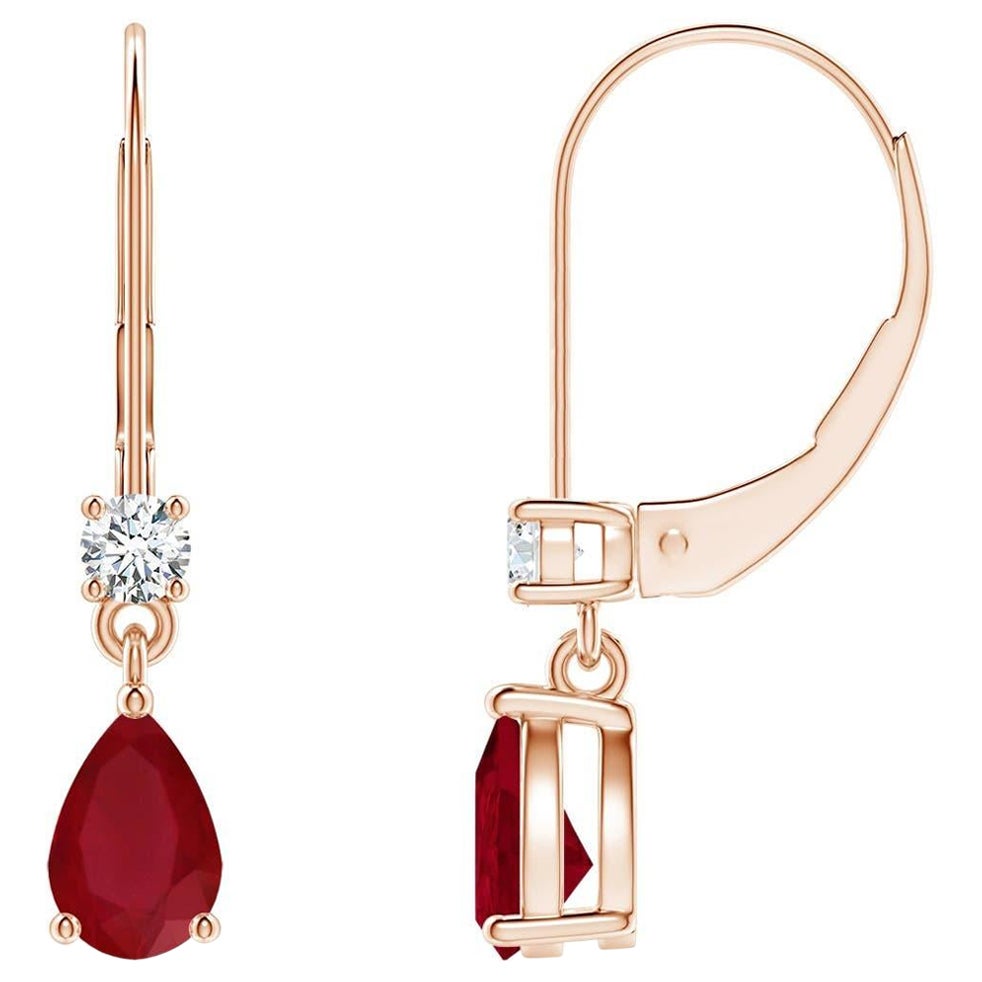 Boucles d'oreilles pendantes en or rose 14 carats avec rubis poire naturel et diamants, taille 6 x 4 mm en vente