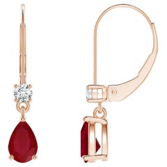 Boucles d'oreilles pendantes en or rose 14 carats avec rubis poire naturel et diamants, taille 6 x 4 mm