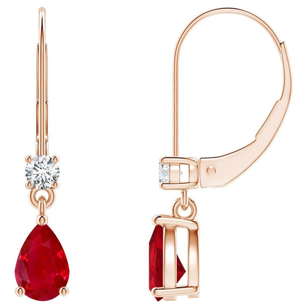 Natürliche birnenförmige Rubin-Tropfen-Ohrringe mit Diamant in 14K Roségold Größe-6x4mm im Angebot
