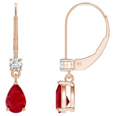 Boucles d'oreilles pendantes en or rose 14 carats avec rubis poire naturel et diamants, taille 6 x 4 mm