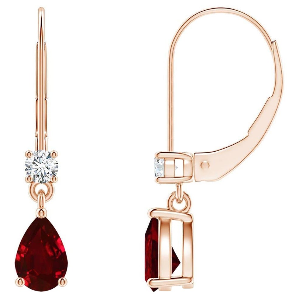 Boucles d'oreilles pendantes en or rose 14 carats avec rubis poire naturel et diamants, taille 6 x 4 mm en vente