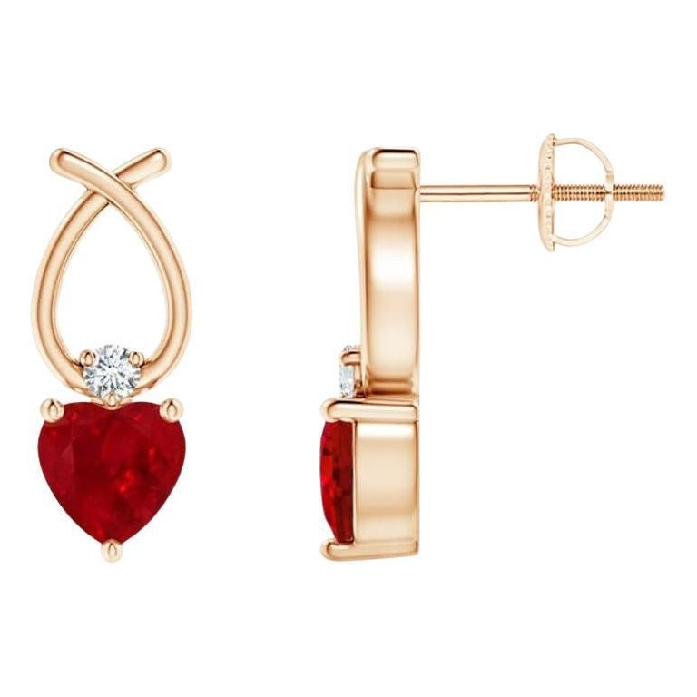 ANGARA Pendientes de rubí natural de 1,10 ct en forma de corazón con diamante en oro rosa de 14 quilates