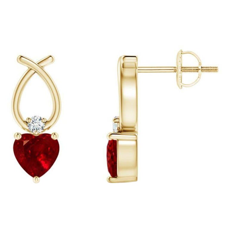 Natural Heart Shaped Ruby Earrings with Diamond in 14KYellow Gold (Size-4mm) For Sale