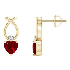 Natural Heart Shaped Ruby Earrings with Diamond in 14KYellow Gold (Size-4mm)