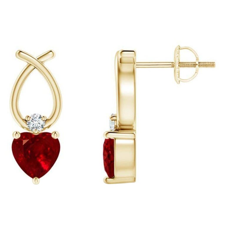 Natural Heart Shaped Ruby Earrings with Diamond in 14KYellow Gold (Size-5mm) For Sale
