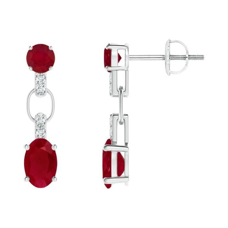 Natural and Oval 1.20ct Ruby Dangle Earrings with Diamond in Platinum