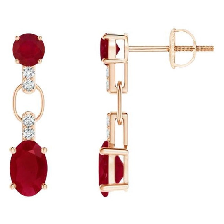 ANGARA Natural and Oval 1.20ctRuby Dangle Earrings with Diamond in 14KRose Gold For Sale