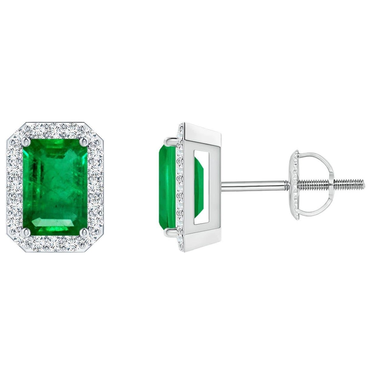 Natural Emerald Stud Earrings with Diamond Halo in 14KWhite Gold (6x4mm) For Sale