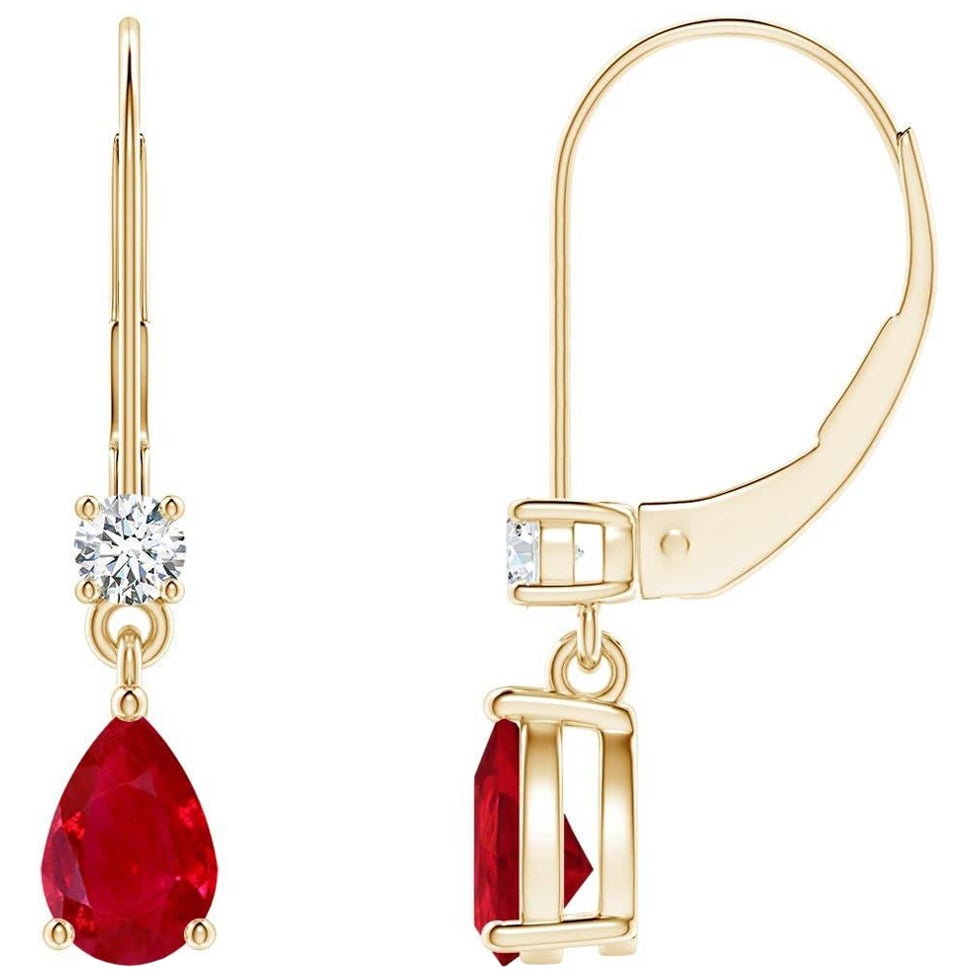 Boucles d'oreilles pendantes en or jaune 14 carats avec rubis poire naturel et diamants, taille 6 x 4 mm en vente