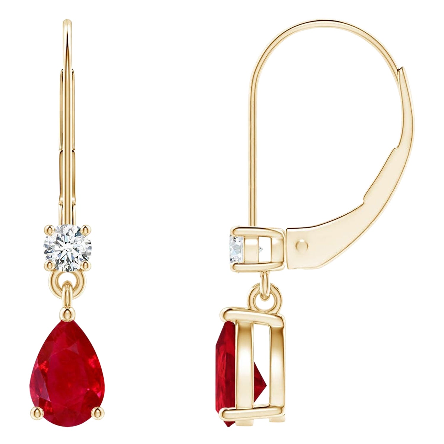 Natural Pear Ruby Drop Earrings with Diamond in 14K Yellow Gold Size-6x4mm