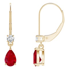 Natural Pear Ruby Drop Earrings with Diamond in 14K Yellow Gold Size-6x4mm