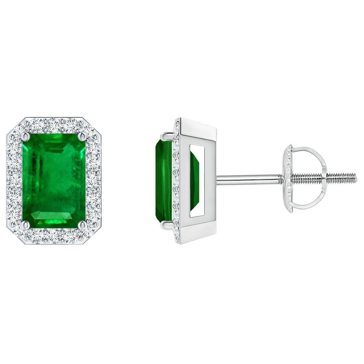 Natural Emerald Stud Earrings with Diamond Halo in 14KWhite Gold (6x4mm) For Sale