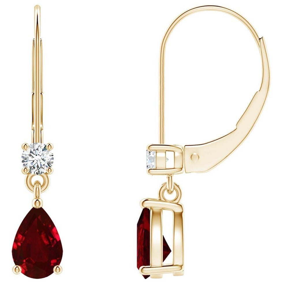 Natural Pear Ruby Drop Earrings with Diamond in 14K Yellow Gold Size-6x4mm For Sale