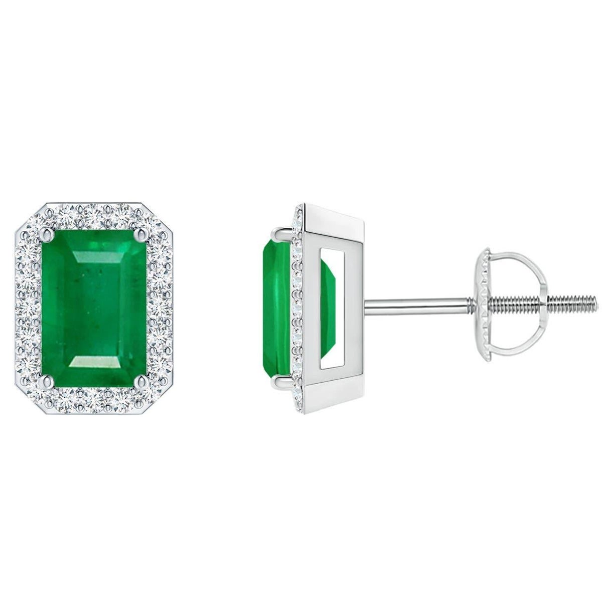 Natural Emerald Stud Earrings with Diamond Halo in Platinum (6x4mm) For Sale