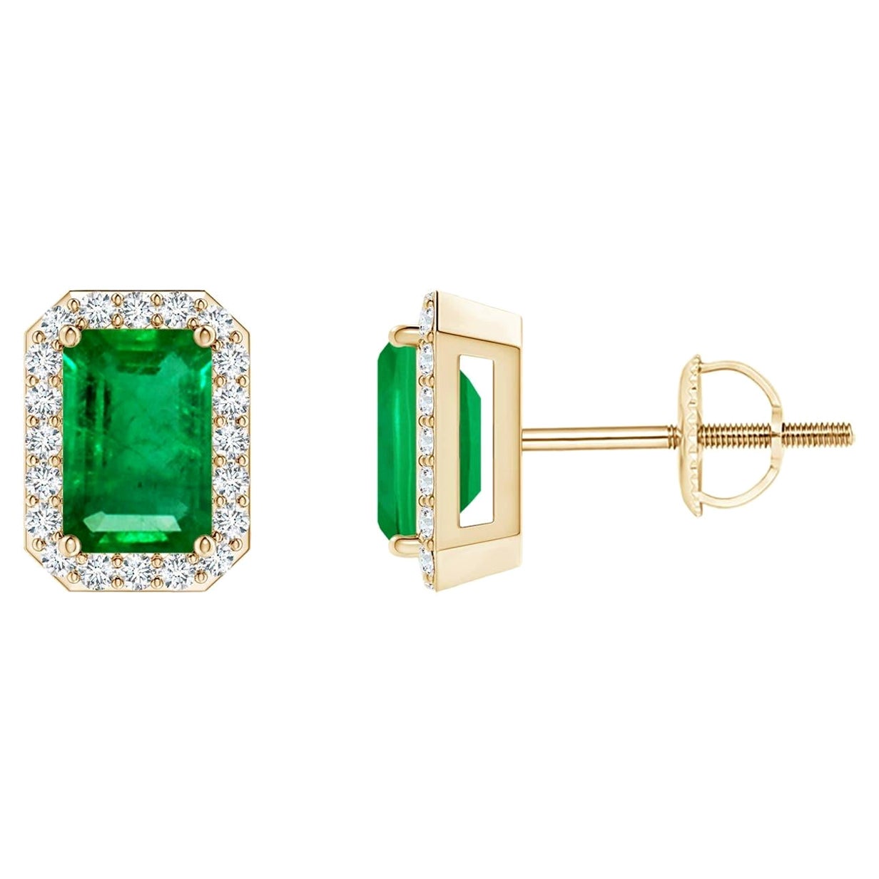 Natural Emerald Stud Earrings with Diamond Halo in 14KYellow Gold (6x4mm) For Sale