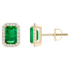 Natural Emerald Stud Earrings with Diamond Halo in 14KYellow Gold (6x4mm)