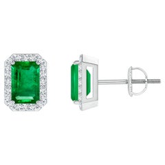 Natural Emerald Stud Earrings with Diamond Halo in Platinum (6x4mm)